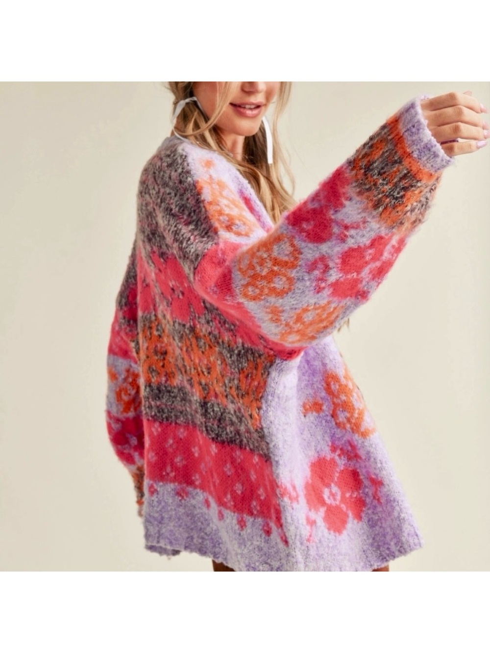 Floral Patchwork Fuzzy Knit Cardigan - Pink & Lavender